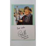 GOLF, signed white card by Sandy Lyle (Open Champion 1985), laid down to card with attached magazine