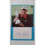 GOLF, signed white card by Padraig Harrington (Open Champion 2007, 2008), laid down to card with