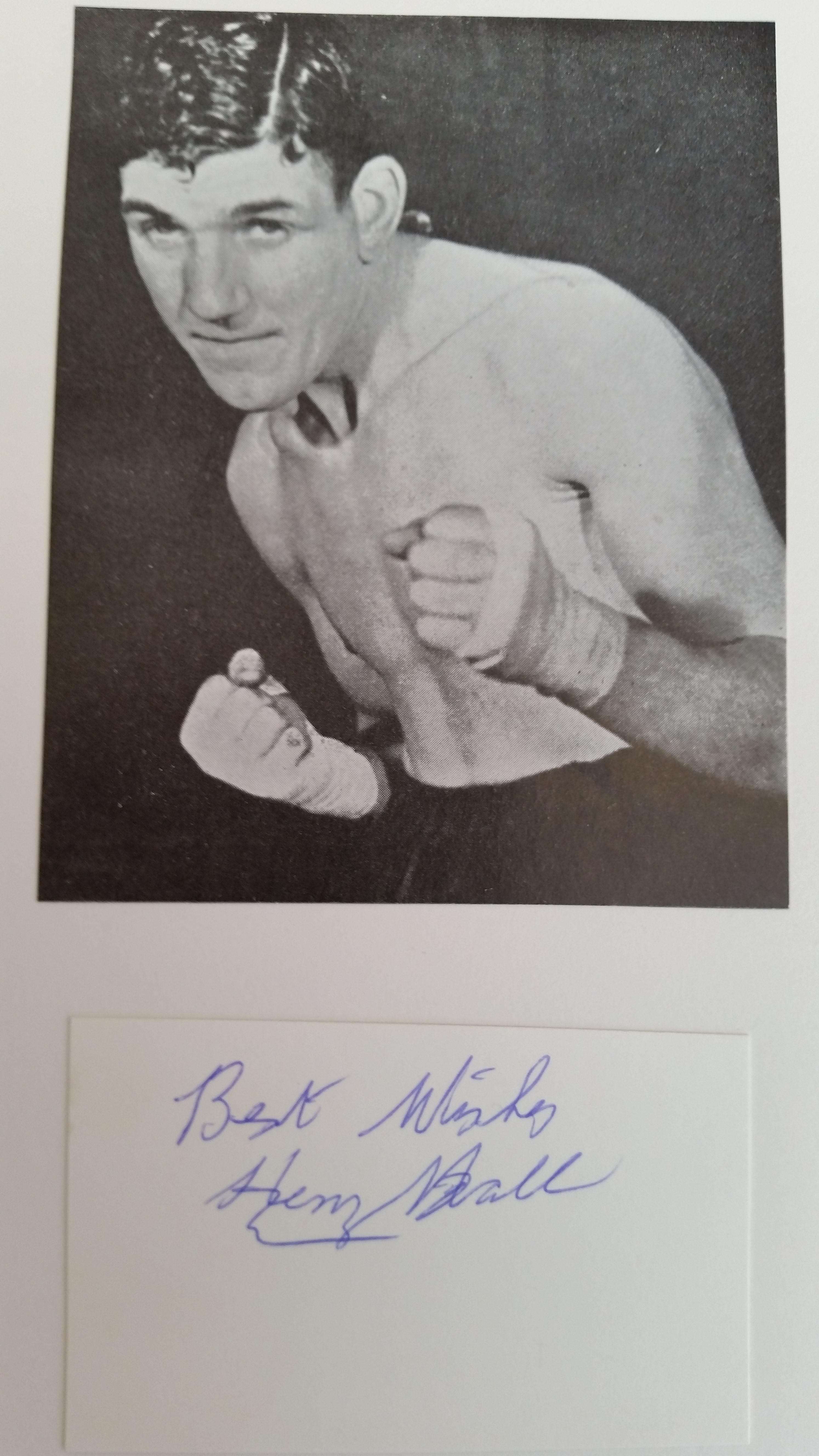 BOXING, signed piece by Henry Hall, laid down to card beneath magazine photo showing him half-length