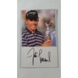 GOLF, signed white card by Justin Leonard (Open Champion 1997), laid down to card with attached