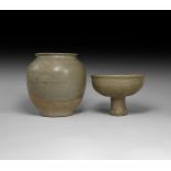 Chinese Tang Grey-Glazed Vase and Cup Group