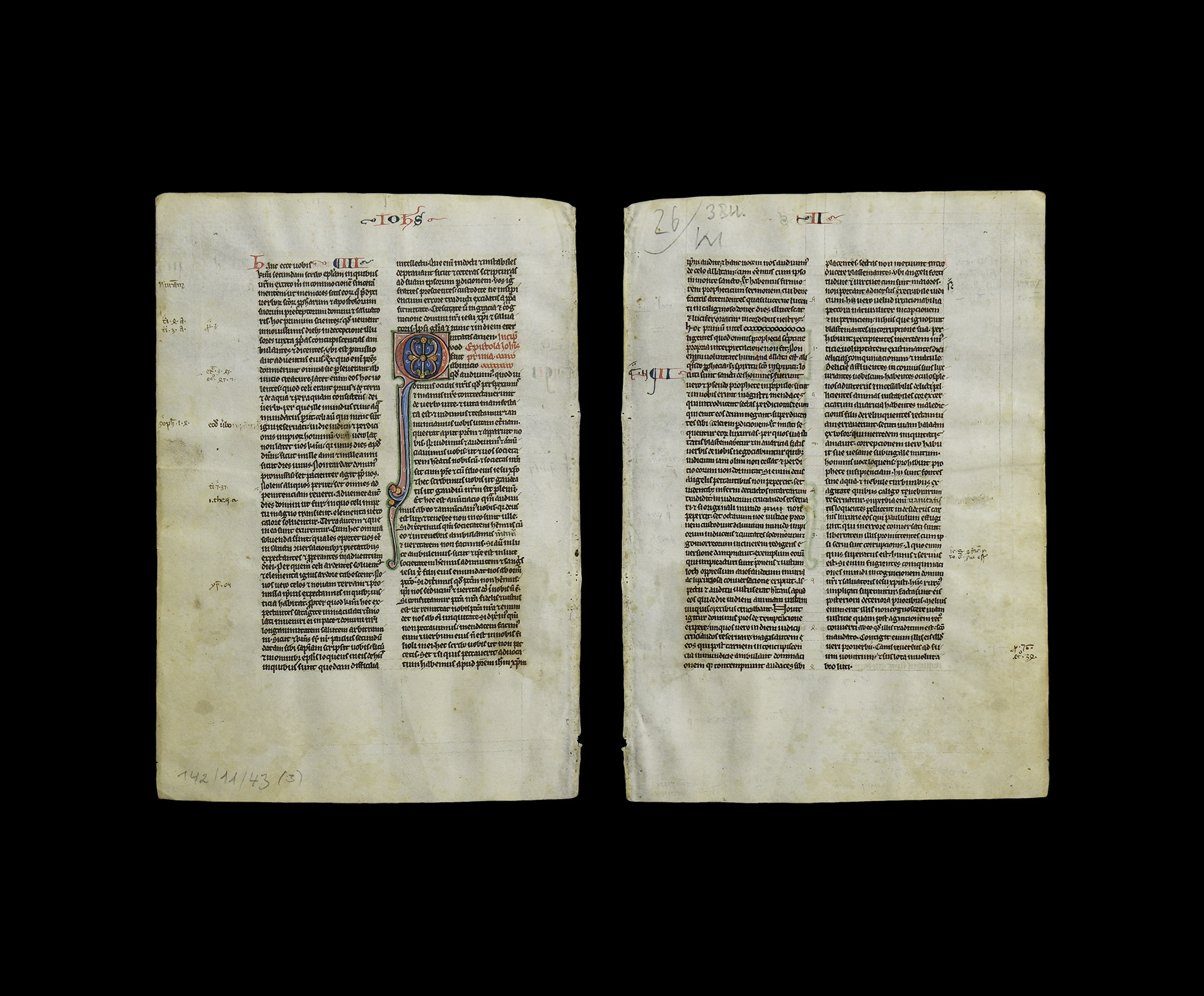 Medieval French Bible Manuscript Leaf with Illuminated Capital