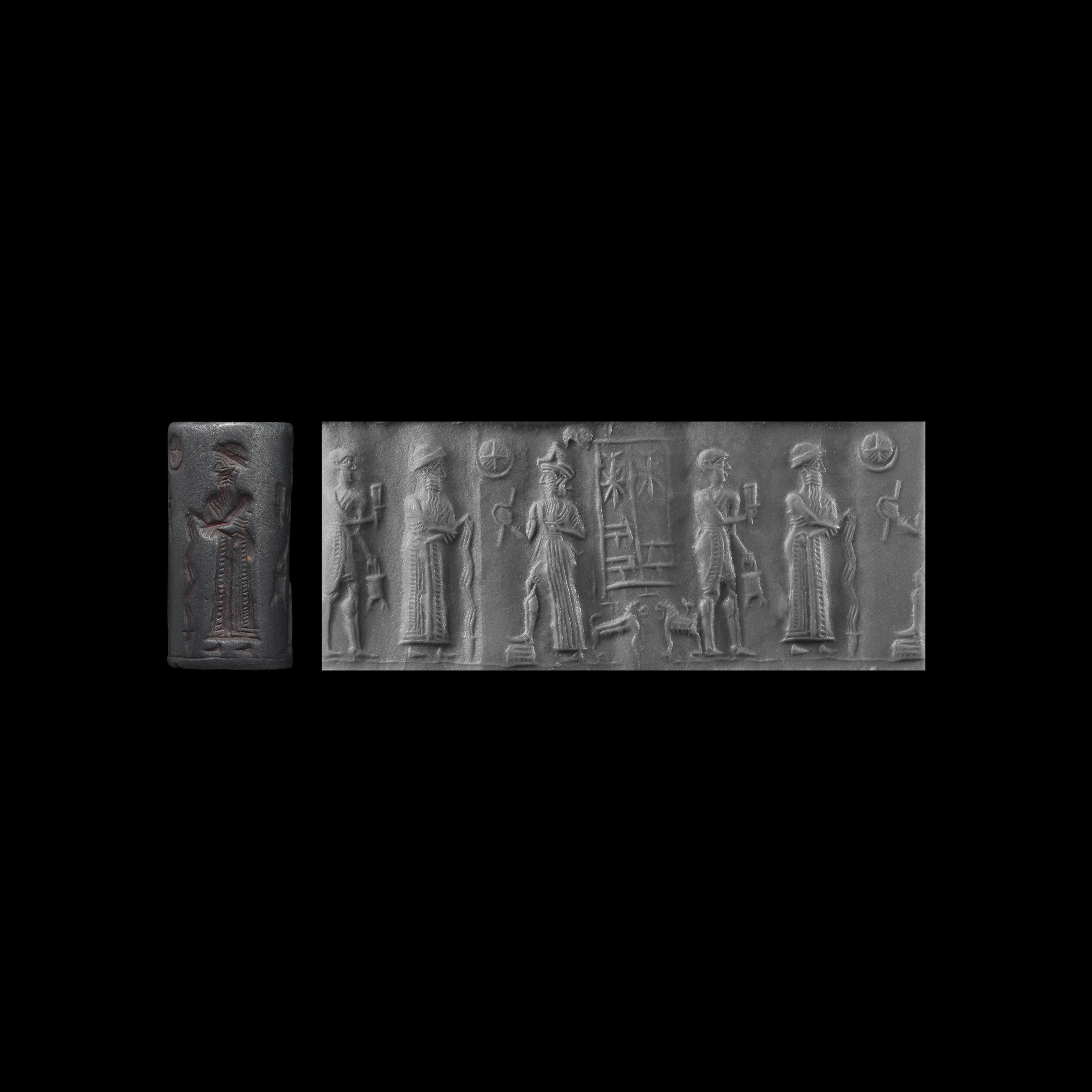 Western Asiatic Old Babylonian Cylinder Seal with Robed Figure and Quadrupeds