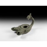 Roman Oil Lamp with Lion-Headed Handle