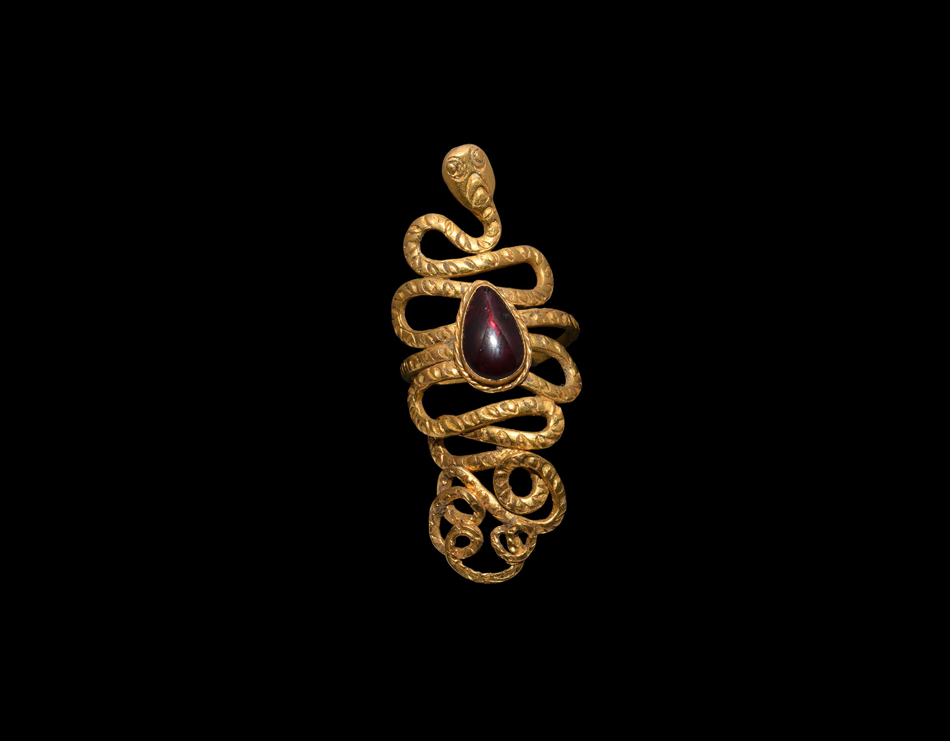 Egyptian Gold Snake Ring with Garnet Cabochon