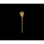 Greek Gold Pin with Face and Twisted Shaft