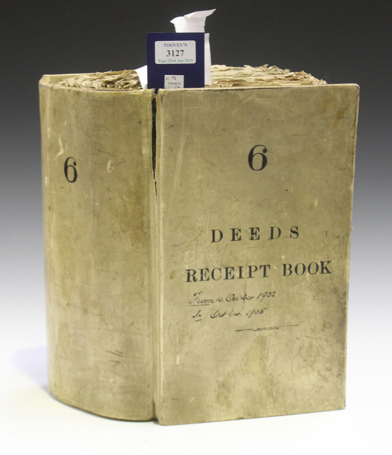 LEGAL DOCUMENTS. A vellum-bound Deeds Receipt Book dated on the upper cover 'From 10 October 1932 to