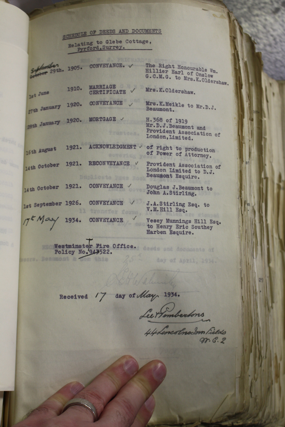 LEGAL DOCUMENTS. A vellum-bound Deeds Receipt Book dated on the upper cover 'From 10 October 1932 to - Image 3 of 3