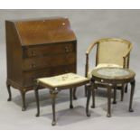 A George V mahogany bureau, height 101cm, width 79cm, depth 46cm, together with an armchair, a stool