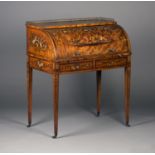 A late Victorian Neoclassical Revival satinwood roll-top writing desk, painted with overall flowers,