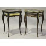 A near pair of late 19th/early 20th century walnut and gilt-metal mounted bijouterie tables, the