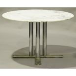 A 20th century white marble-topped centre table, the circular top raised on four chromium plated