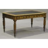 A Victorian oak library table, the top inset with green leatherette above six frieze drawers, on