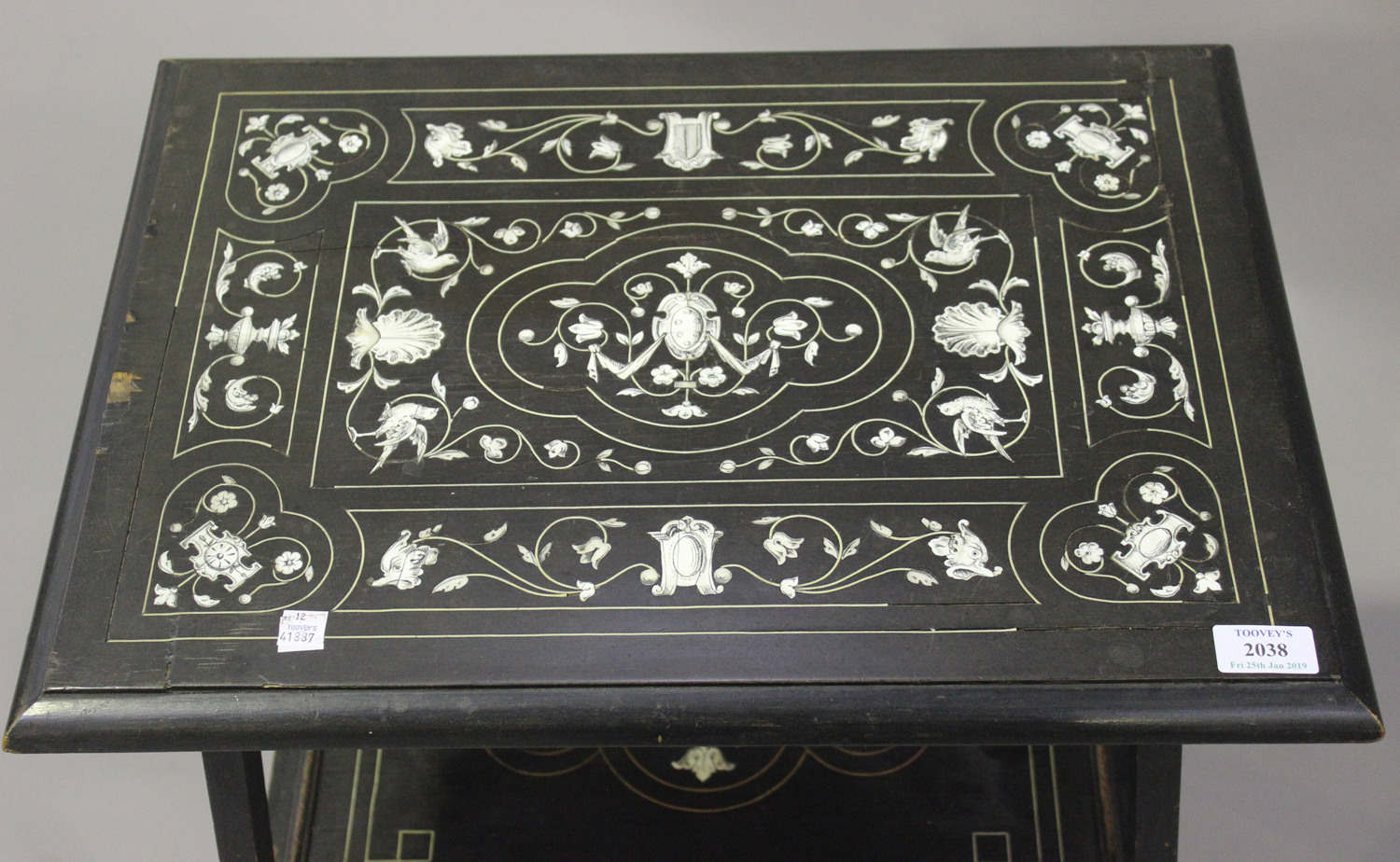 A late 19th century Italian ebonized two-tier occasional table with ivory inlaid decoration, on - Image 2 of 2