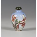 A Chinese enamel snuff bottle, mark of Qianlong but Republic period, the ovoid body finely painted