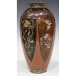 A Japanese cloisonné vase, Meiji period, the elongated ovoid body decorated with vertical lappet