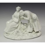 A Continental Meissen style white glazed porcelain figure group of The Polish Kiss, 19th century,