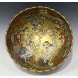 A Japanese Satsuma earthenware bowl, Meiji period, of steep-sided lobed circular form, painted and