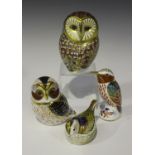 A group of four Royal Crown Derby Imari animal paperweights, comprising Barn Owl, Firecrest, Tawny