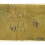 A Chinese hand scroll painting, Qing dynasty, probably 19th century, depicting a continuous scene of