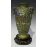 A Japanese polished bronze and champlevé enamel vase, Meiji period, the elongated ovoid body