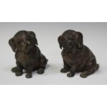 Two Austrian terracotta seated dogs, late 19th/early 20th century, each brown painted and with glass