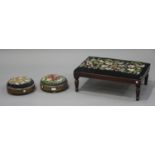 A pair of Victorian walnut circular footstools, diameter 28cm, together with a reproduction