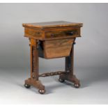 A William IV rosewood fold-over games/work table, fitted with a drawer above a well, raised on