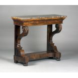 A Regency rosewood pier table with brown marble top, raised on a pair of finely carved scroll