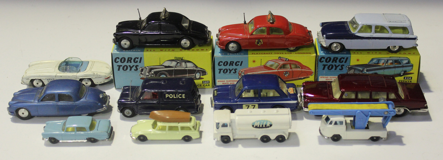 A small collection of Corgi Toys cars, comprising a No. 424 Ford Zephyr estate, a No. 213S 2.4