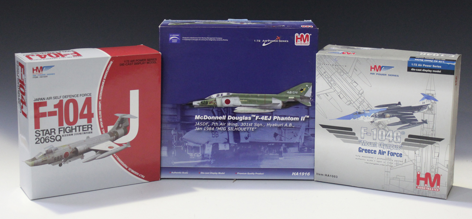 Eleven Hobby Master 1:72 scale model jet fighter aircraft, including an HA1015 F-104G Taiwan