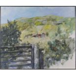 Merriman - View of Cottages from a Bar Gate, 20th century oil on board, indistinctly signed, 75cm
