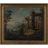 Italian School - Figures amongst Ruins, a Rocky Coastline beyond, 19th century oil on panel, 41cm