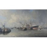 Marinus Johannes de Jongere - Busy Harbour Scene with Ships and Boats, probably Rotterdam, 20th