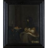 After Gerard Ter Borch - Woman peeling an Apple, 18th century oil on panel, 35cm x 29cm, within an