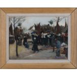 Frank Lewis Emanuel - Breton Village Scene with Figures, early 20th century oil on board, signed,