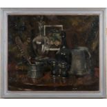 John Whitlock Codner - Still Life with Bottles, Inkwell, Pewter Jug and Binoculars, 20th century oil