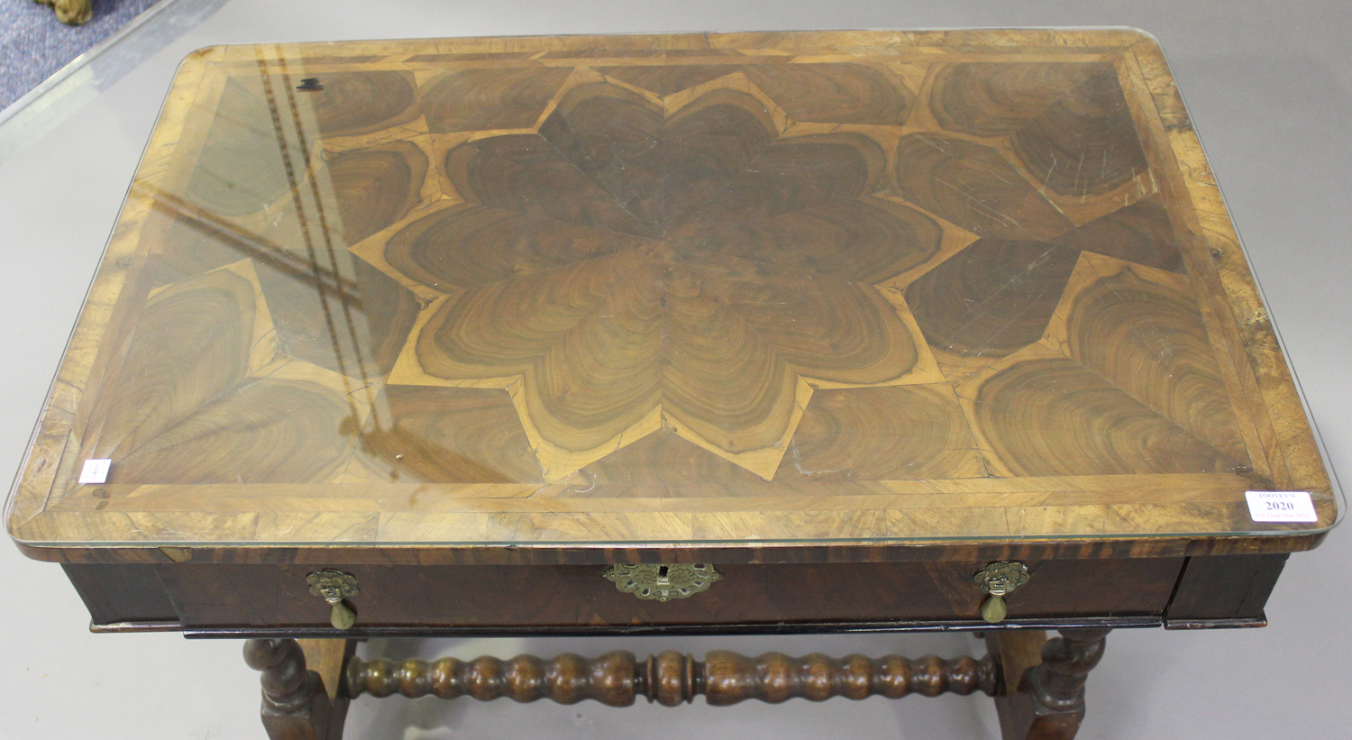 A 19th century oyster veneered and oak side table, fitted with a single frieze drawer, raised on - Image 2 of 2