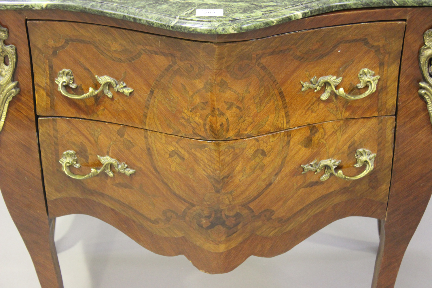 A late 20th century Rococo style kingwood and marquetry inlaid commode, the green marble top above - Image 2 of 3