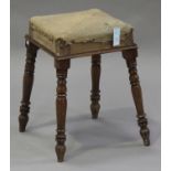 A Victorian mahogany stool, the overstuffed seat raised on four turned legs, height 51cm, width