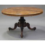 A mid-Victorian burr walnut circular tip-top breakfast table, raised on a carved baluster column and