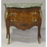 A late 20th century Rococo style kingwood and marquetry inlaid commode, the green marble top above
