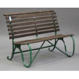 A 20th century green painted wrought iron garden bench with slatted seat and back, height 87cm,