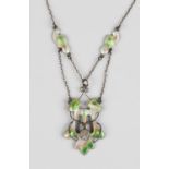 An Art Nouveau style silver, blister pear set and enamelled pendant necklace, the openwork cartouche
