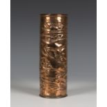 An Arts and Crafts Newlyn copper cylindrical vase, the body worked with a scene of five fish