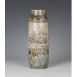 A Royal Doulton stoneware vase, early 20th century, the cylindrical body decorated by Hannah Barlow,