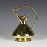 A late Victorian Aesthetic period brass jug, after a design by Christopher Dresser, the angular