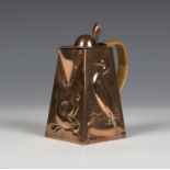 An Arts and Crafts Newlyn copper tappit-lidded water jug of tapering square section, the sides