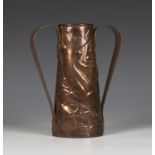 An Arts and Crafts Newlyn copper twin-handled vase of conical form, the body worked with two fish,