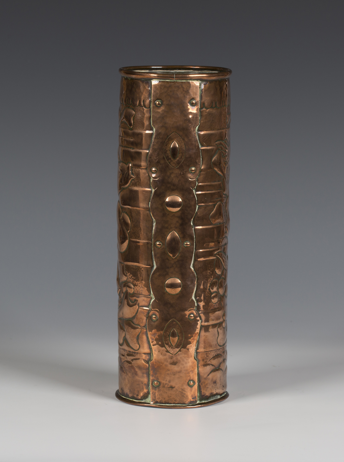 An Arts and Crafts Newlyn copper cylindrical vase, the body worked with a scene of five fish - Image 2 of 3